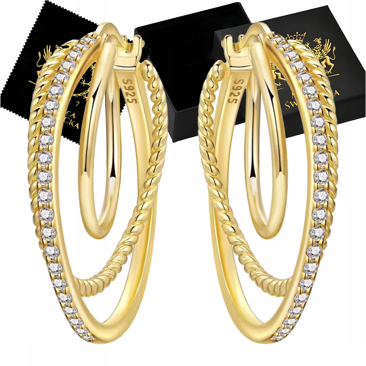 Kolczyki Srebro 925 Podwójne Koła Pozłacane Cyrkonie Zapięcie Angielskie