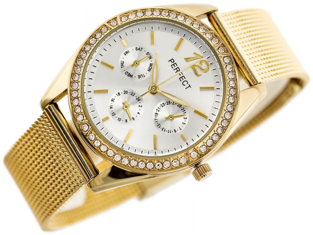 ZEGAREK DAMSKI PERFECT ADELLE +BOX +GRAWER cyrkonie mesh złoty Mechanizm kwarcowy