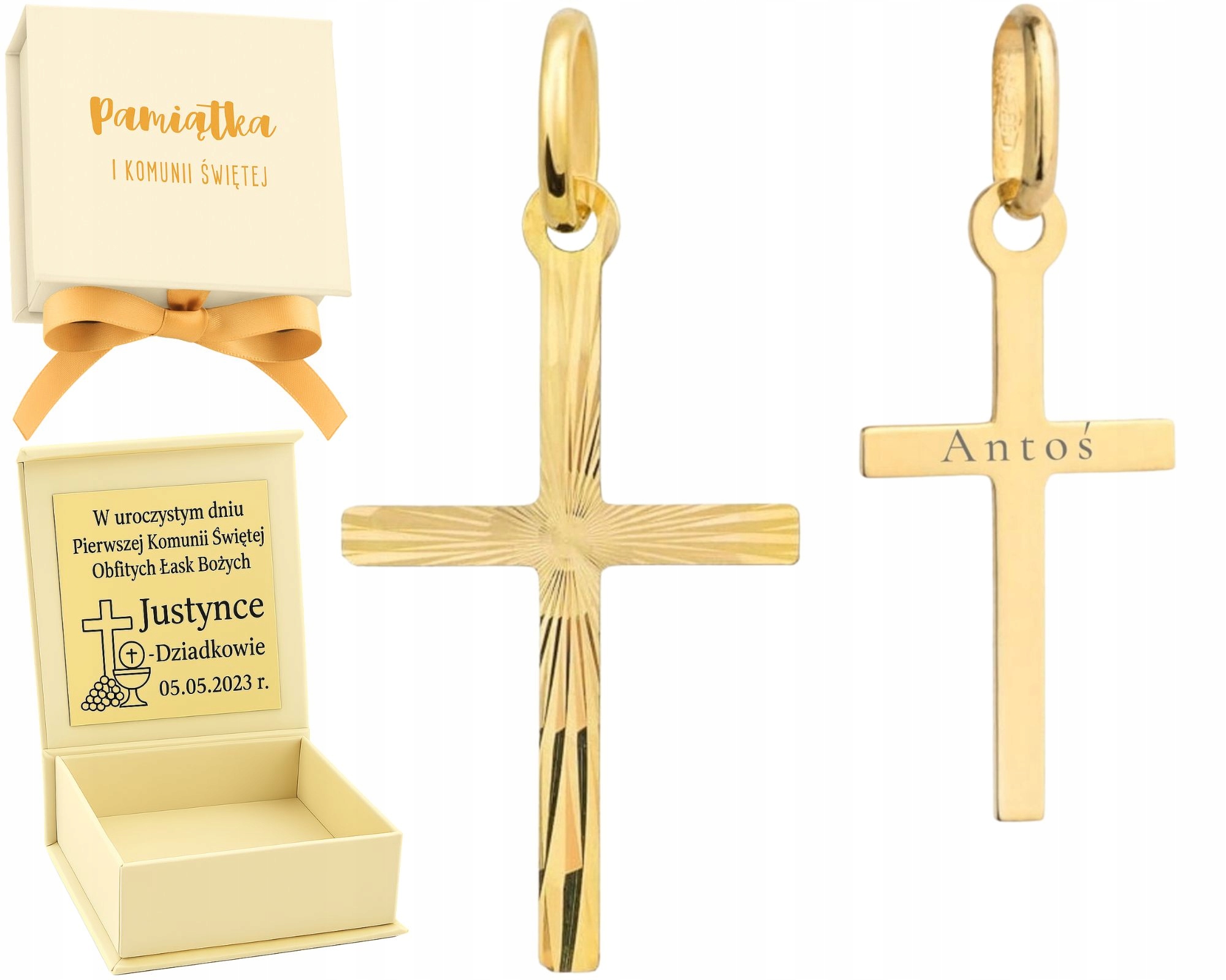 Zlatý diamantový křížek Malý nařezaný efekt Gravírování Reverz 585