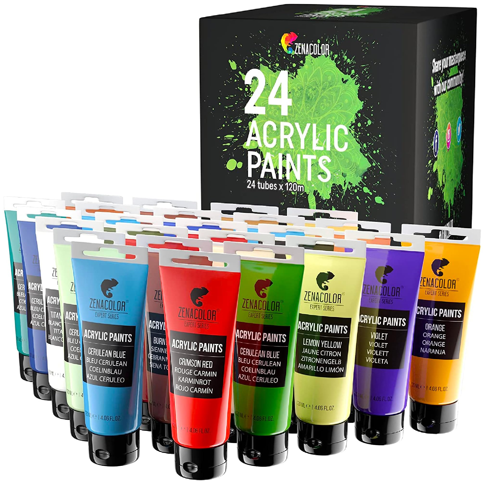 Zenacolor Sada 24 barevných akrylových barev, 120 ML Na dřevo Plátna