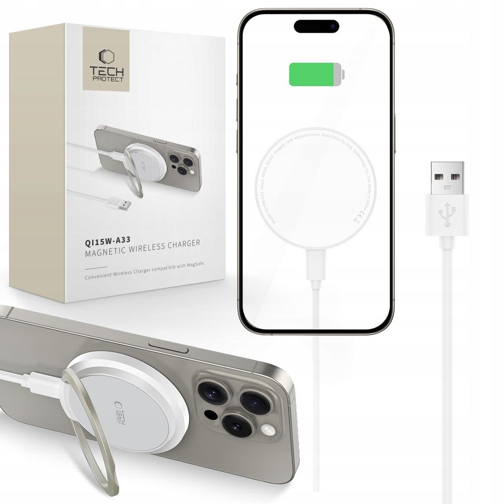 Ładowarka indukcyjna z podstawką kablem Usb-a Usb-c MagSafe biała Tech-