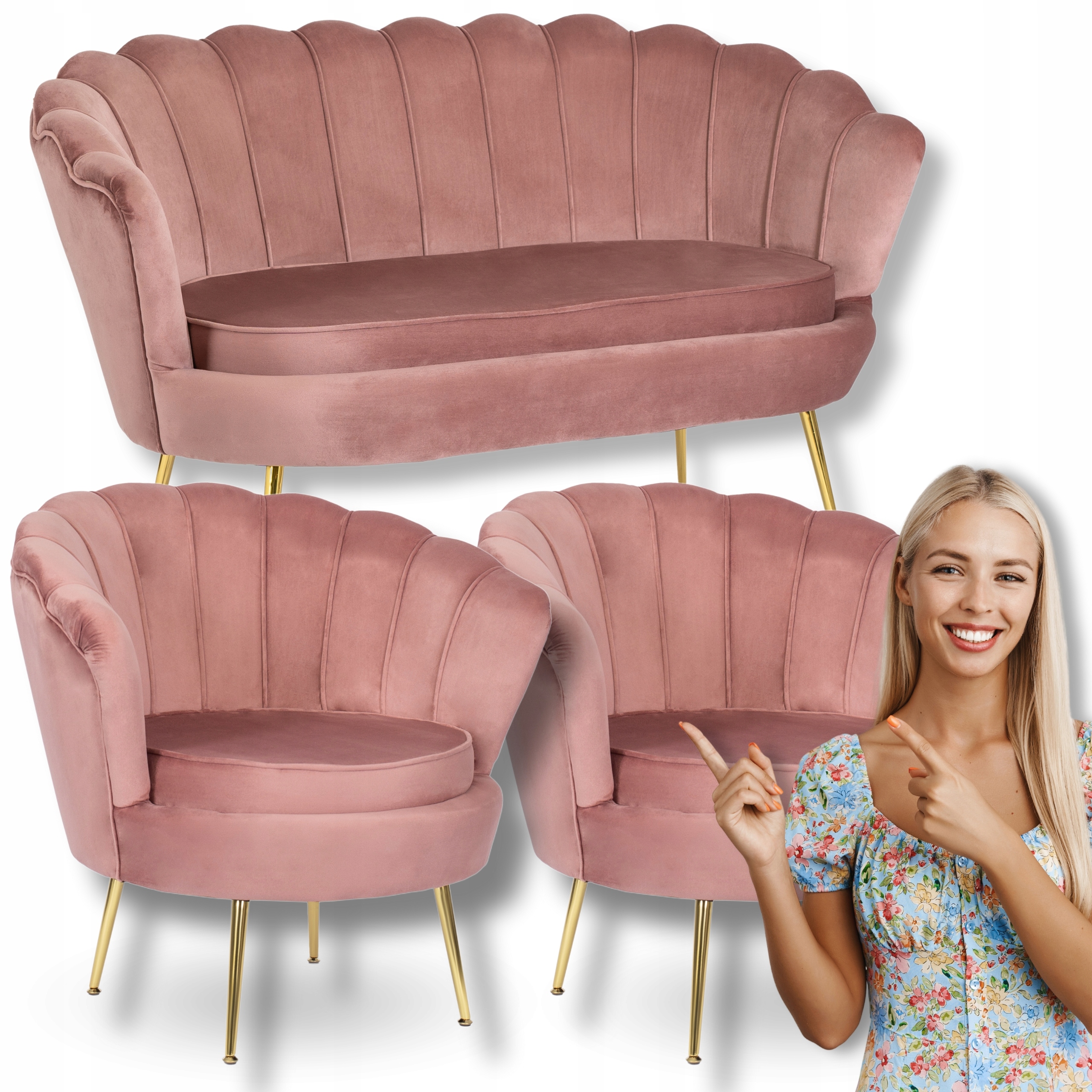Sada pohovky Růžová a 2 křesel Muszelka Sedací nábytek Glamour Zlatá