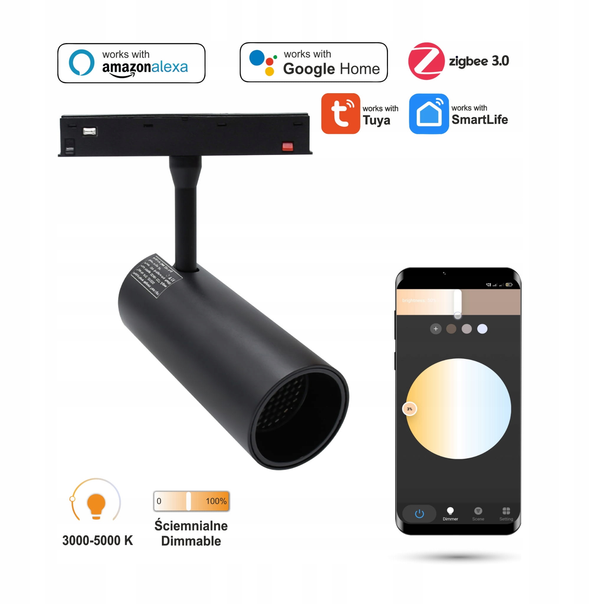 Led reflektor WiFi Zigbee Track 12W pre magnetické lišty Smart Track 48VDC