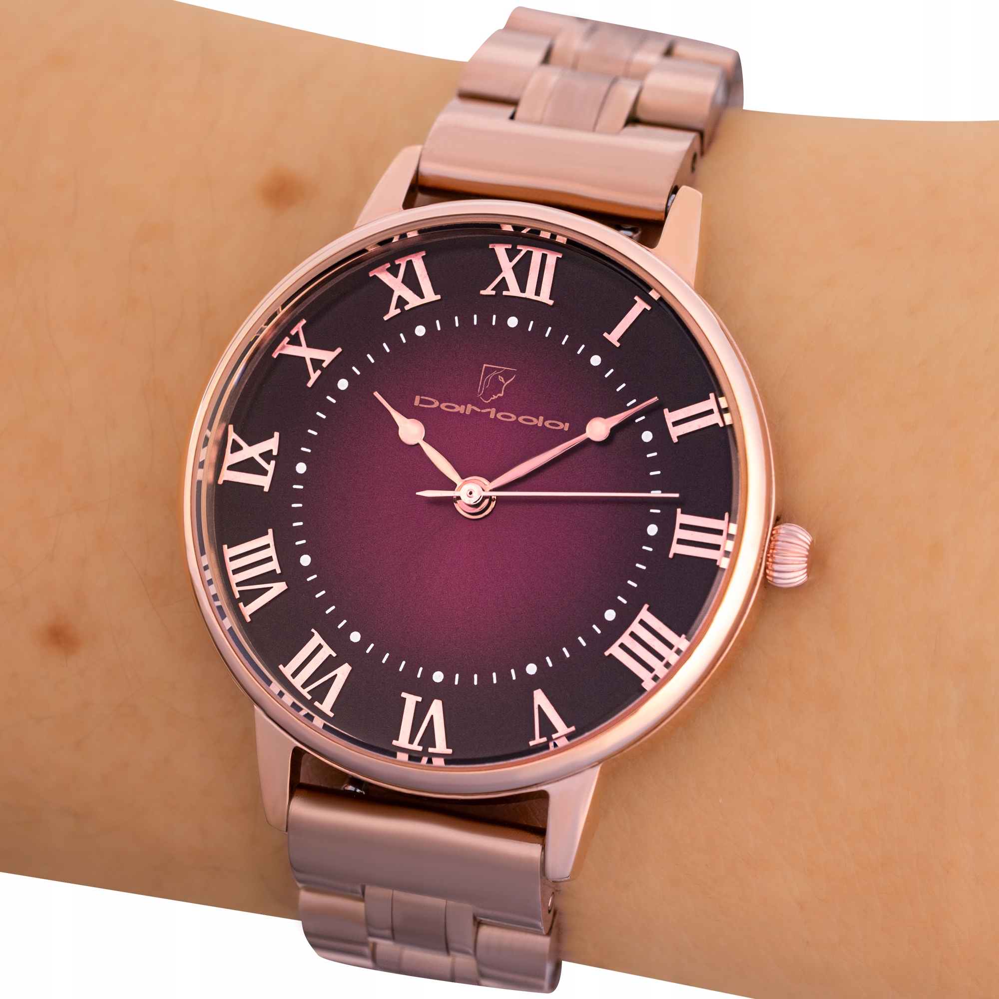 Dámské hodinky DaModa Baroka bordó ciferník růžové zlato 34 mm