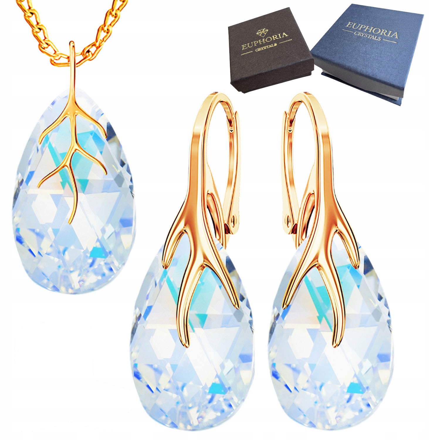 Stříbrný pozlacený komplet Crystal Ab – Náušnice a náhrdelník Slzy Stříbro 925