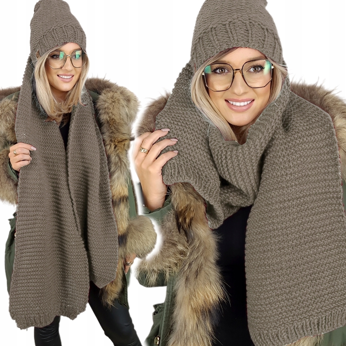 Vlněný dámský komplet Čepice Šála Hrubý Teplý zimní šátek hnědý Pl