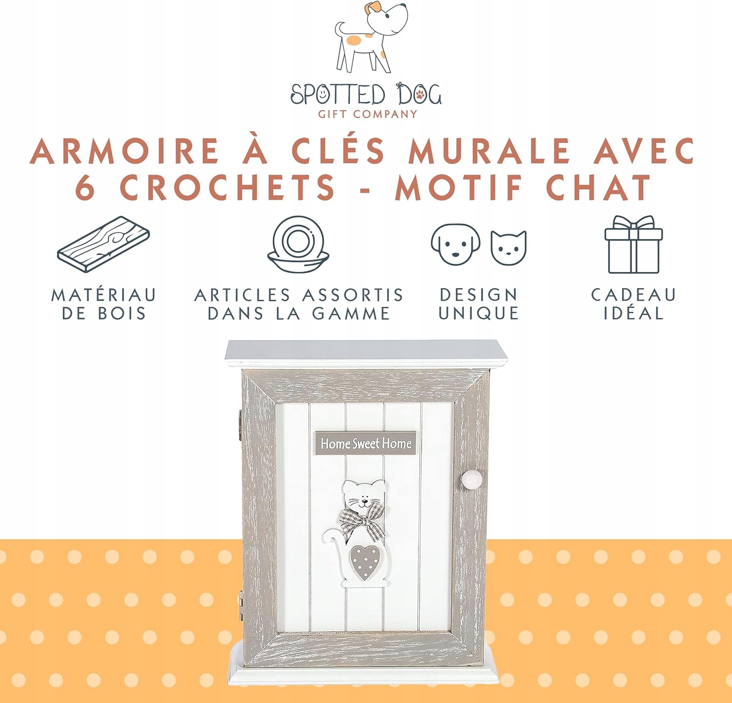 SZAFKA NA KLUCZE SKRYTKA DREWNIANA 6 HACZYKÓW OZDOBNA KOT SPOTTED DOG Wysokość mebla 25 cm