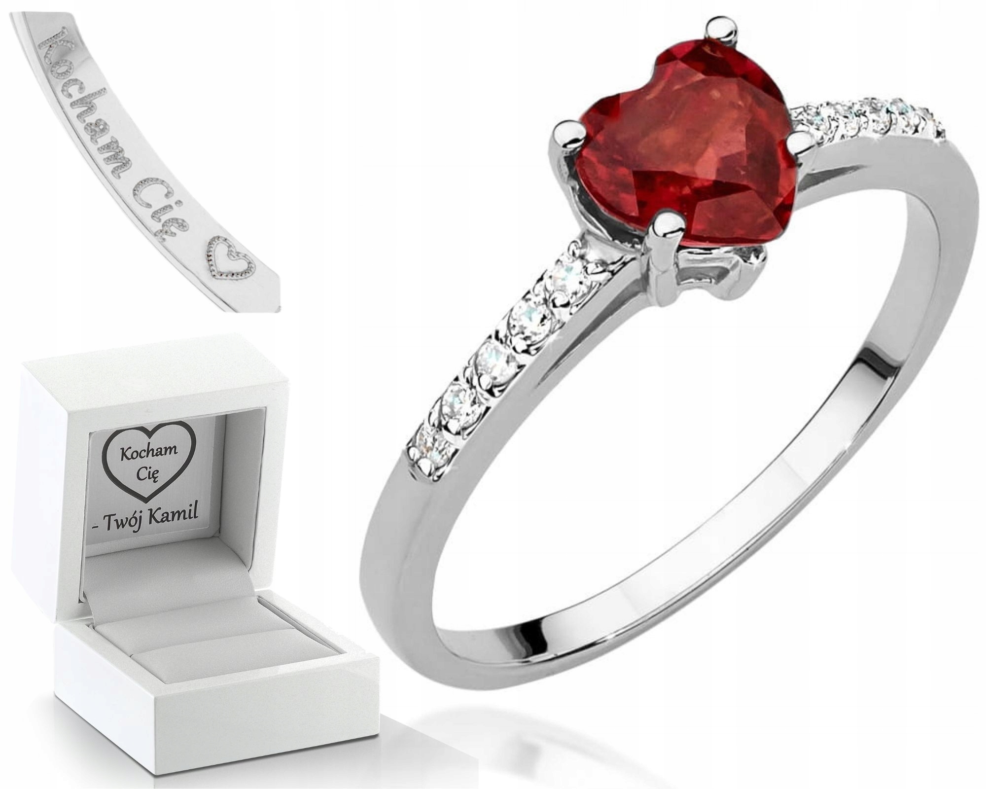 Prstýnek Srdce Rubín Diamanty Bílé Zlato Gravírování 585 Bonus Dárek