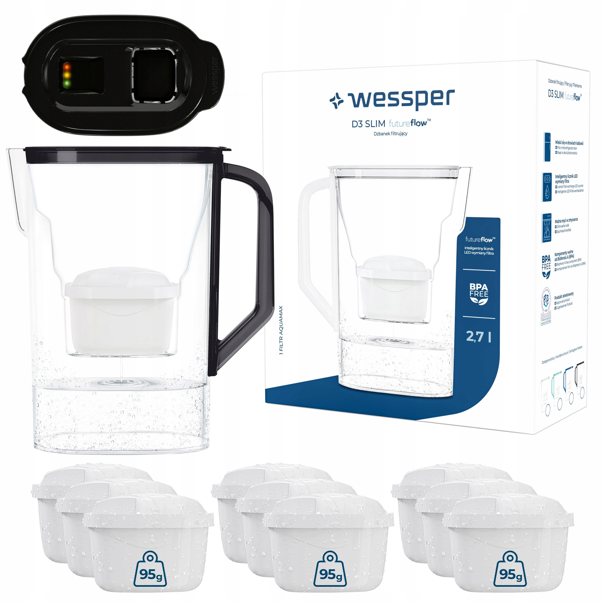 Dzbanek filtrujący do lodówki Wessper D3 Slim FutureFlow Led 10x filtr
