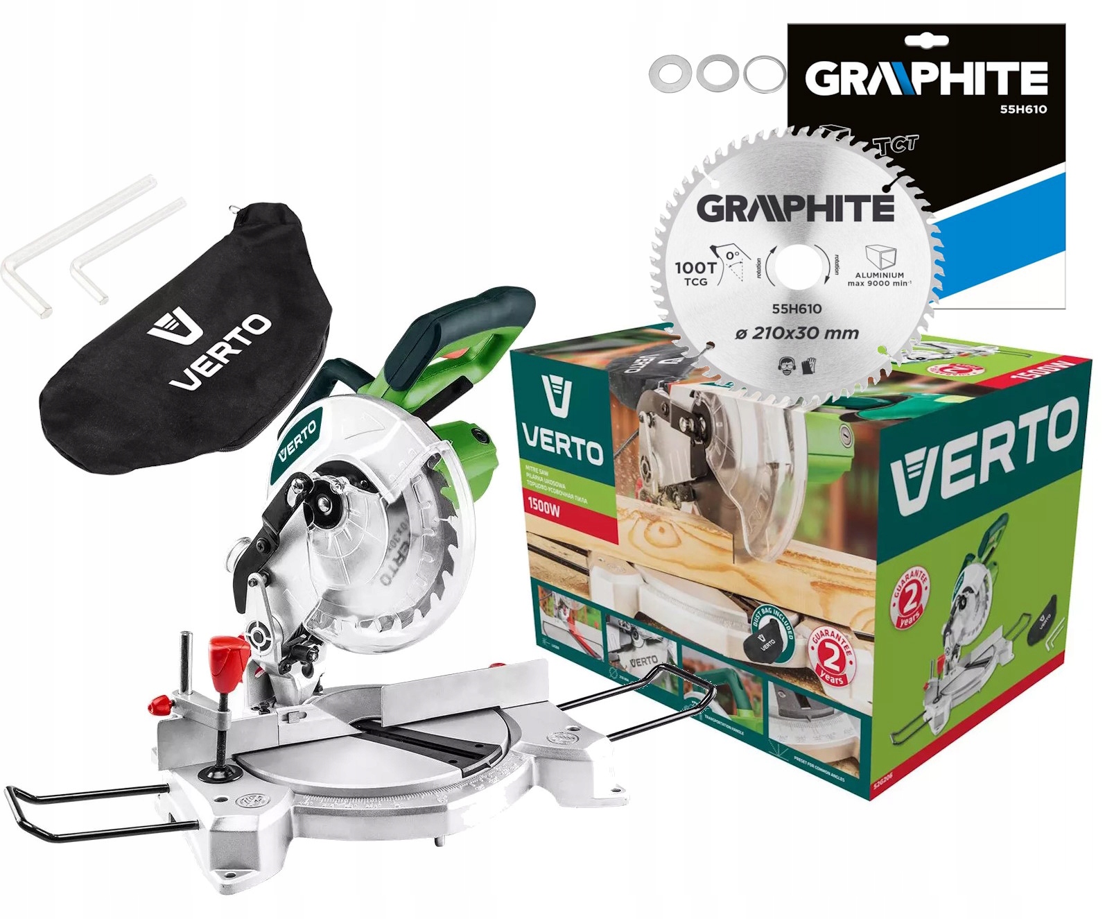 Kotoučová pila pokosová pila 1500W 210mm 52G206 Verto kotouč na hliník