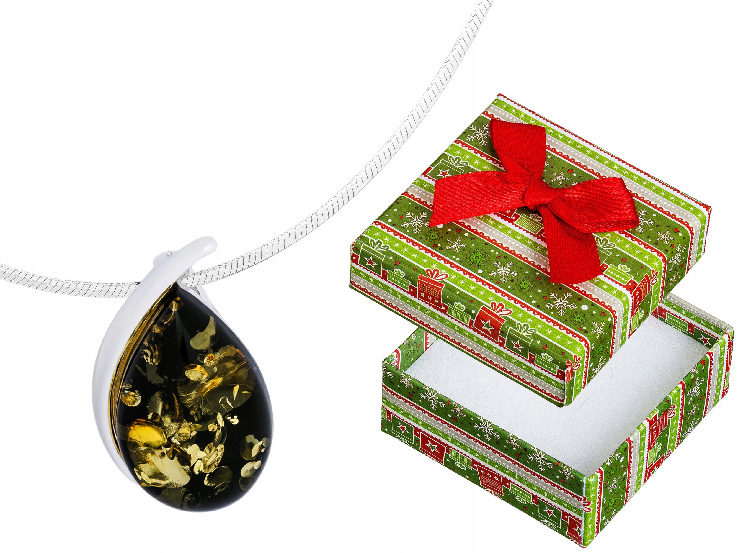 Dlouhý stříbrný dámský náhrdelník kapka se zeleným jantarem slza 75 cm