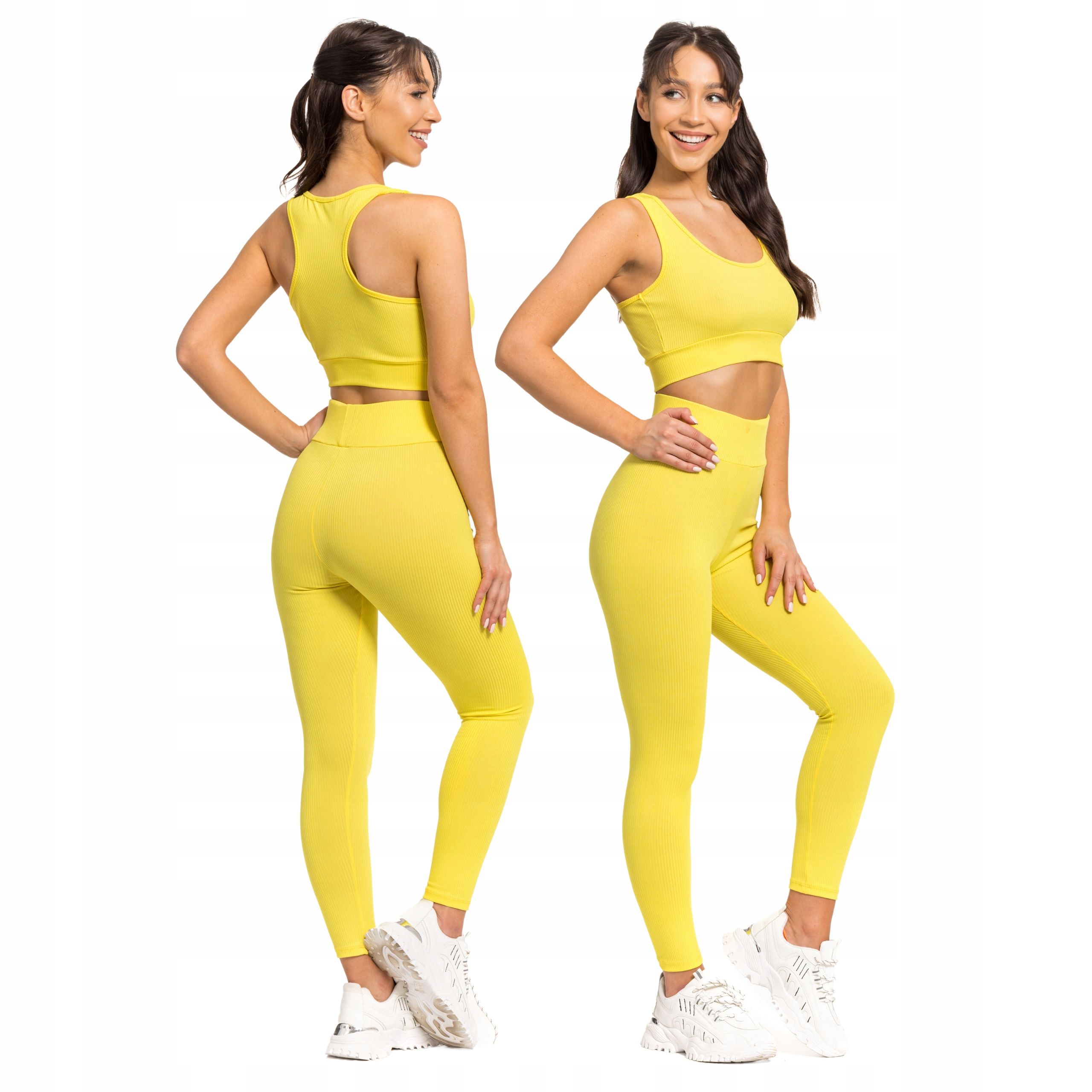 Dámský Žebrovaný Komplet Crop Top Legíny Žlutá Barva