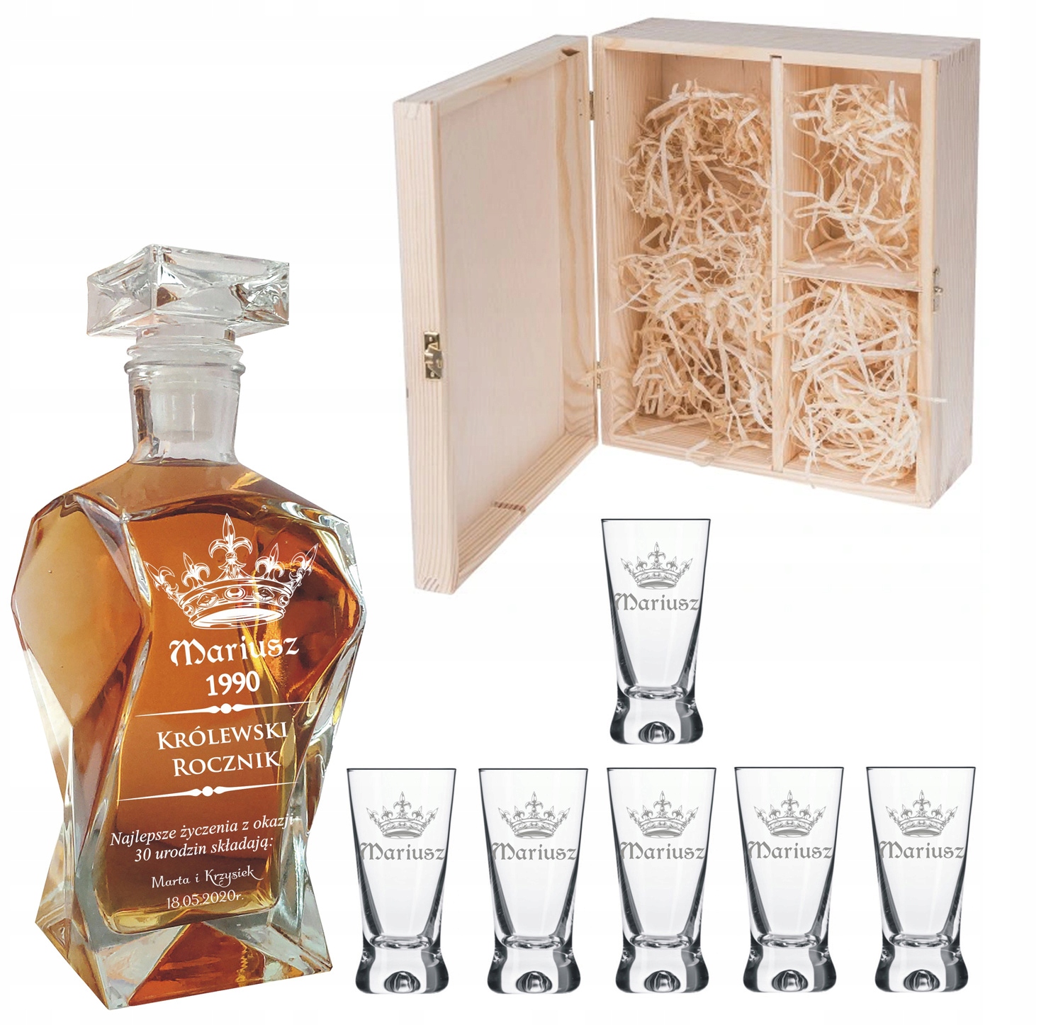 

Zestaw Skrzynka Karafka 6 kieliszków 50ml Grawer