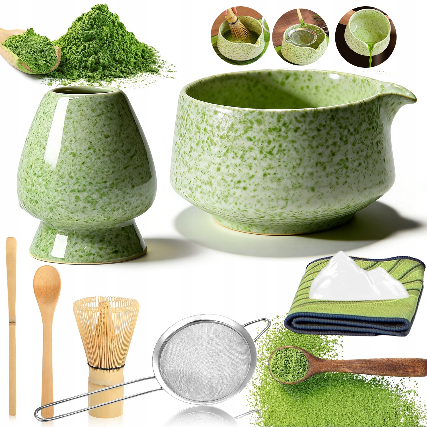 Zestaw Do Herbaty Matcha 8-ELEMENTOWY Bambusowy Z Ceramiką Miotełka