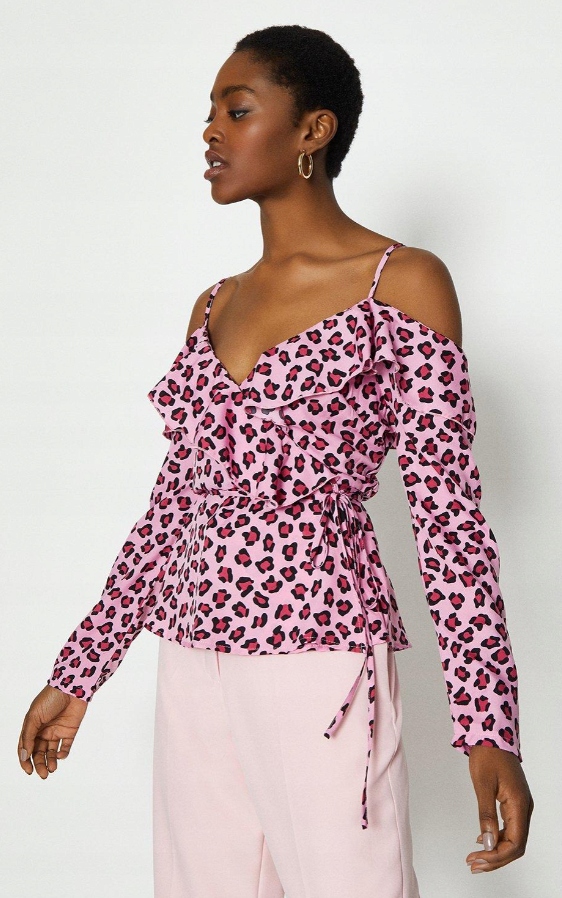 COAST DAMKSA BLUZKA HISZPANKA W PANTERKE 40 1YFQ Cechy dodatkowe falbana