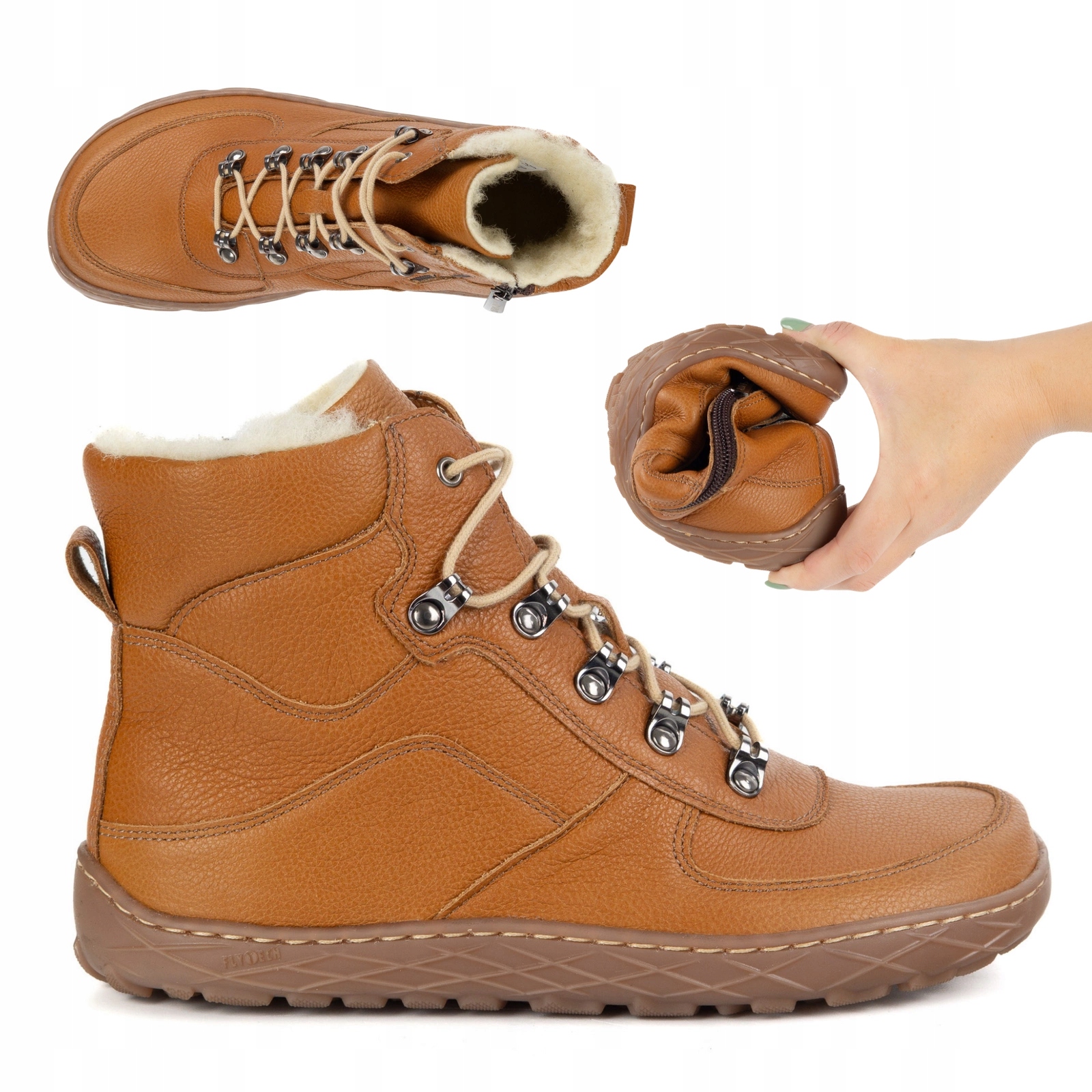 Dámské zimní kožené barefootové boty zateplené vlnou na zip, červené, velikost 1292 42