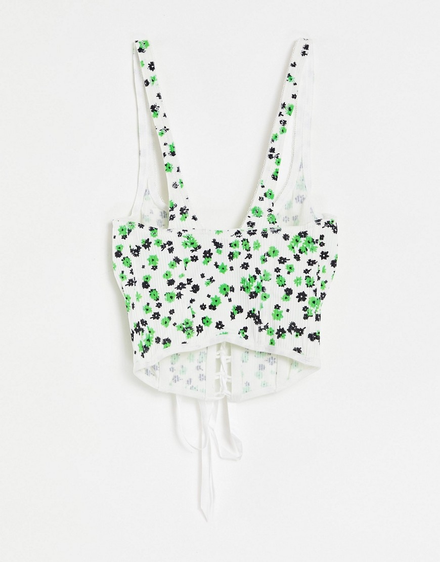 DESIGN Zielony prążkowany gorset w kwiaty XL Płeć kobieta