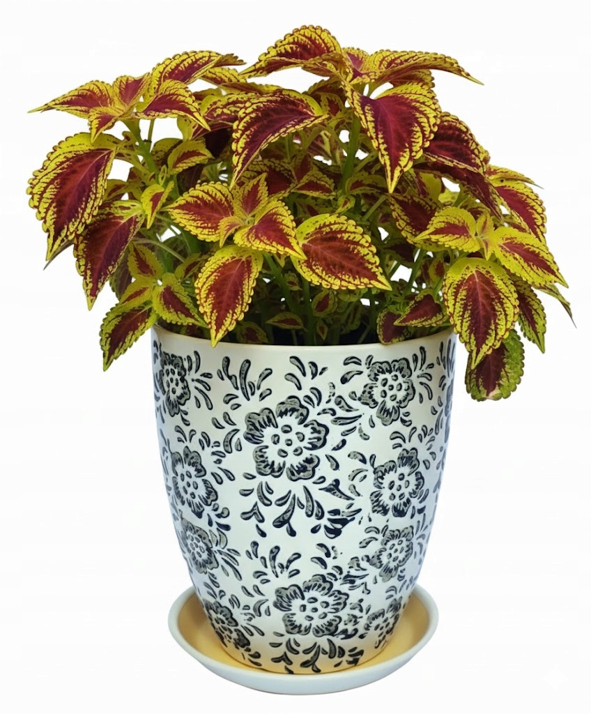 Doniczka Ceramiczna Biała Grawerowana Kwiaty Niebieskie Śre 25CM Wys 26CM