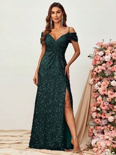 Shein Dlouhé Šaty Elegantní Koktejlové S Flitry A Rozparkem S 1LA