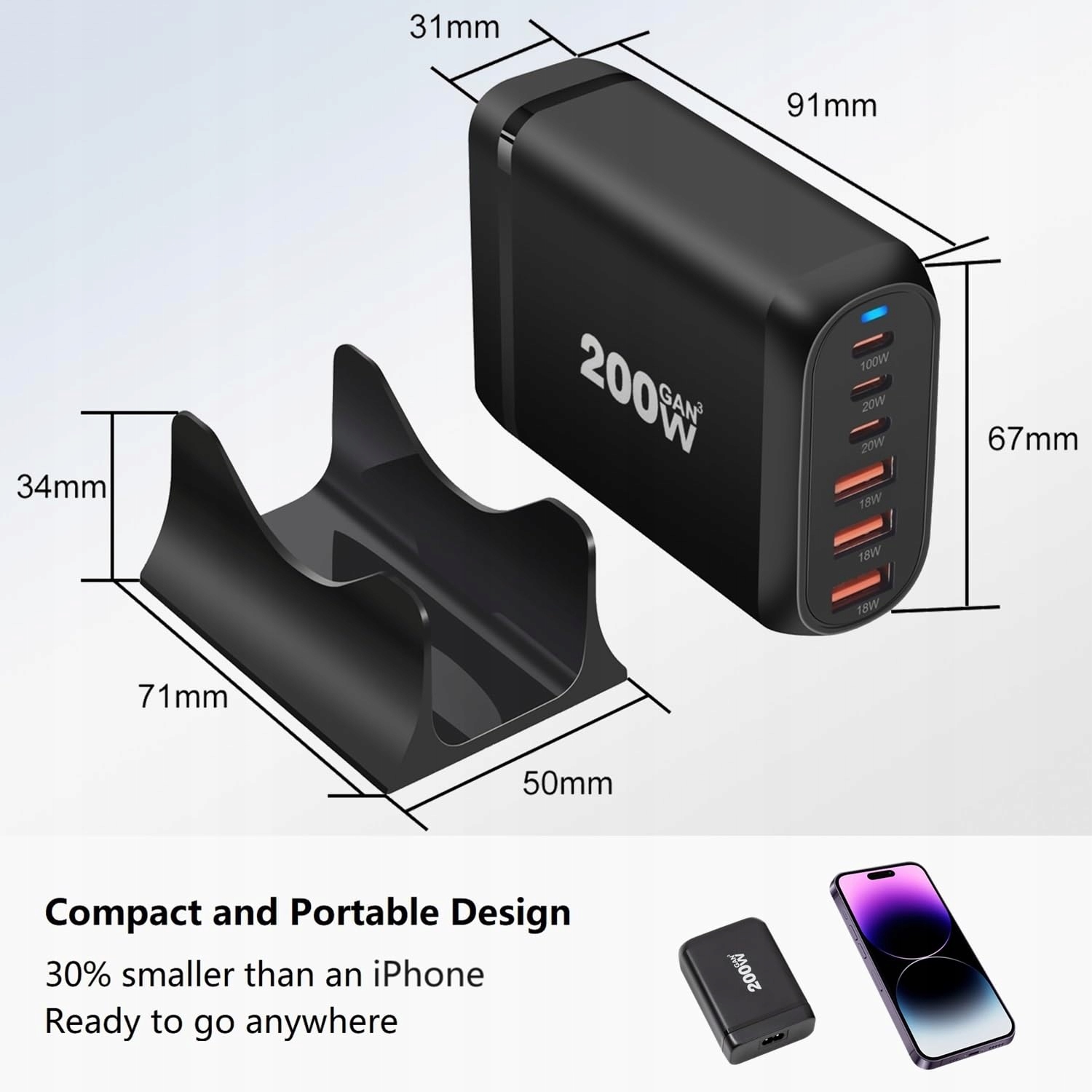 Ładowarka USB C 200 W, wielokrotna, 6 portów GaN III SZYBKA 200W — miniatura 5