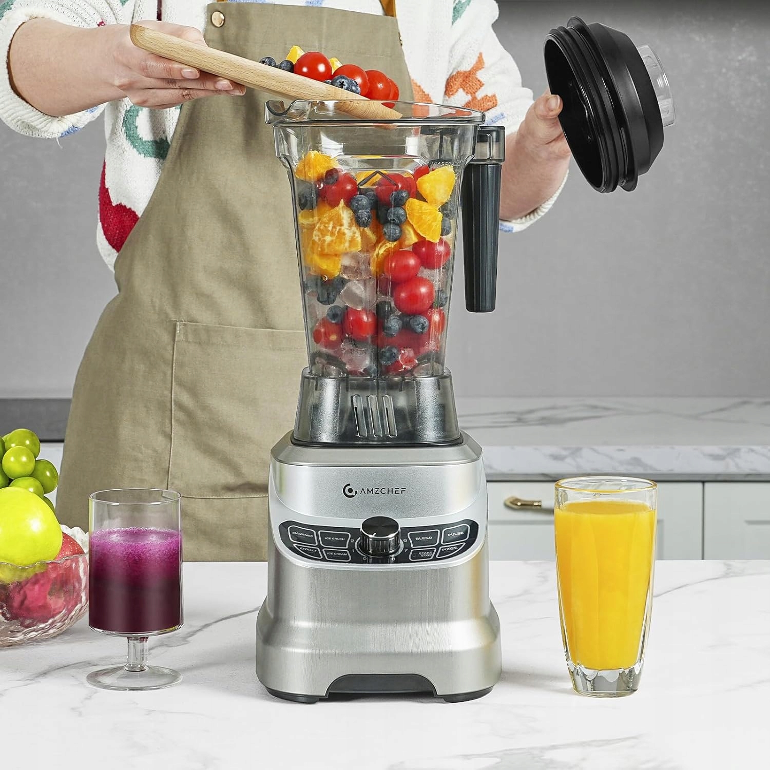 AMZCHEF Blender 1800W Do Kuchni 8 Prędkości 1,85L Shakes Smoothies Lód — miniatura 9