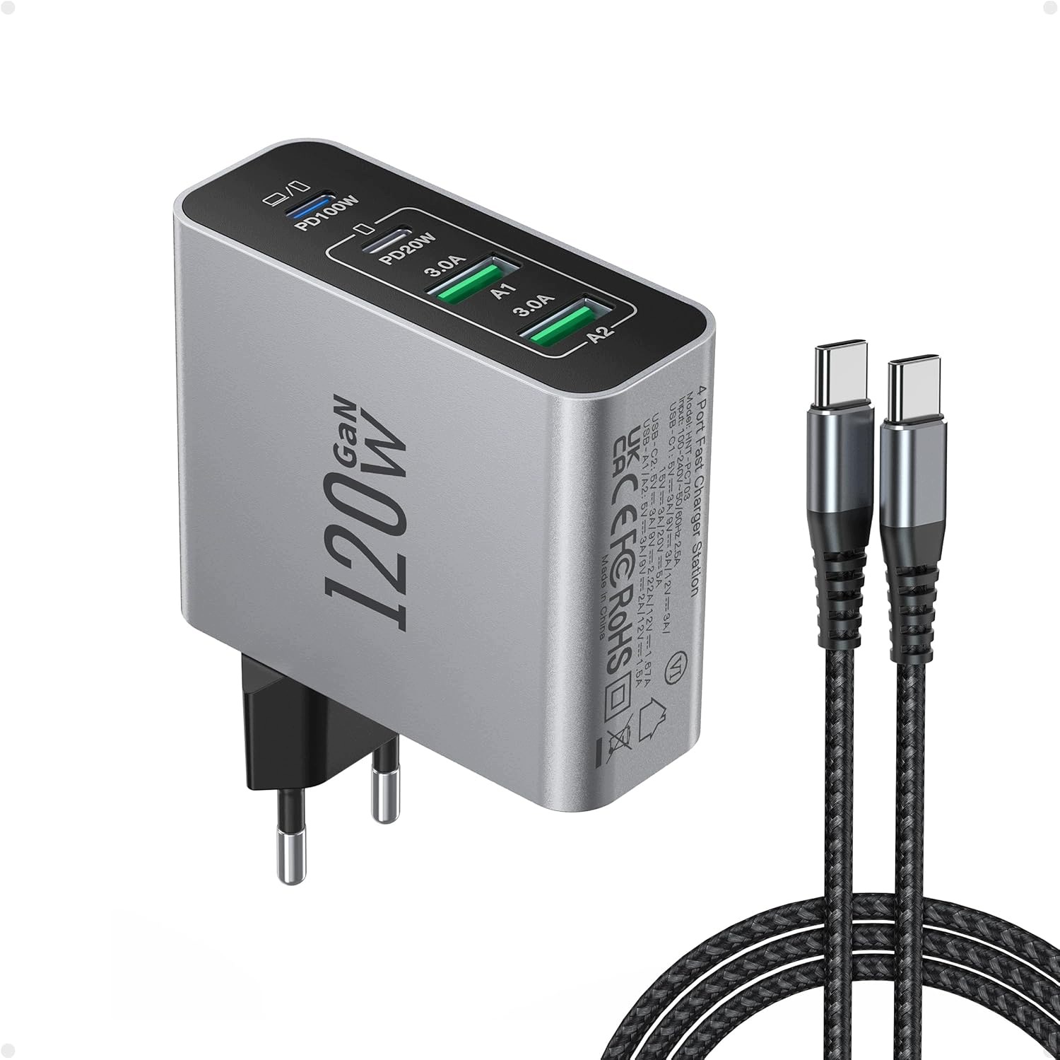Síťová nabíječka GaN 120W Usb-c 100W Pd 4 porty Kabel 2 m Anykon