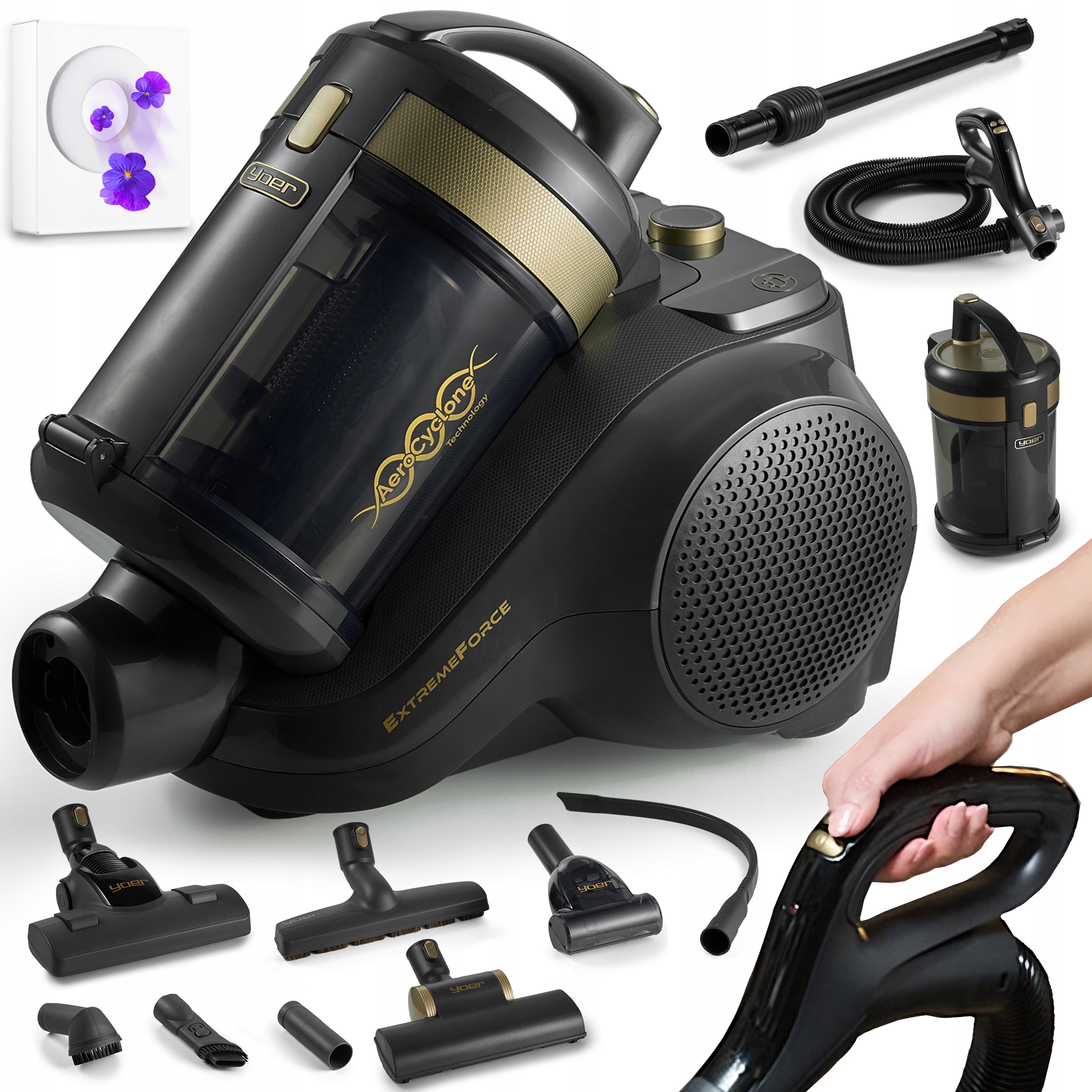 Odkurzacz bezworkowy cyklonowy Yoer mocny 900W Hepa +Aromat 7 nasadek Pilot