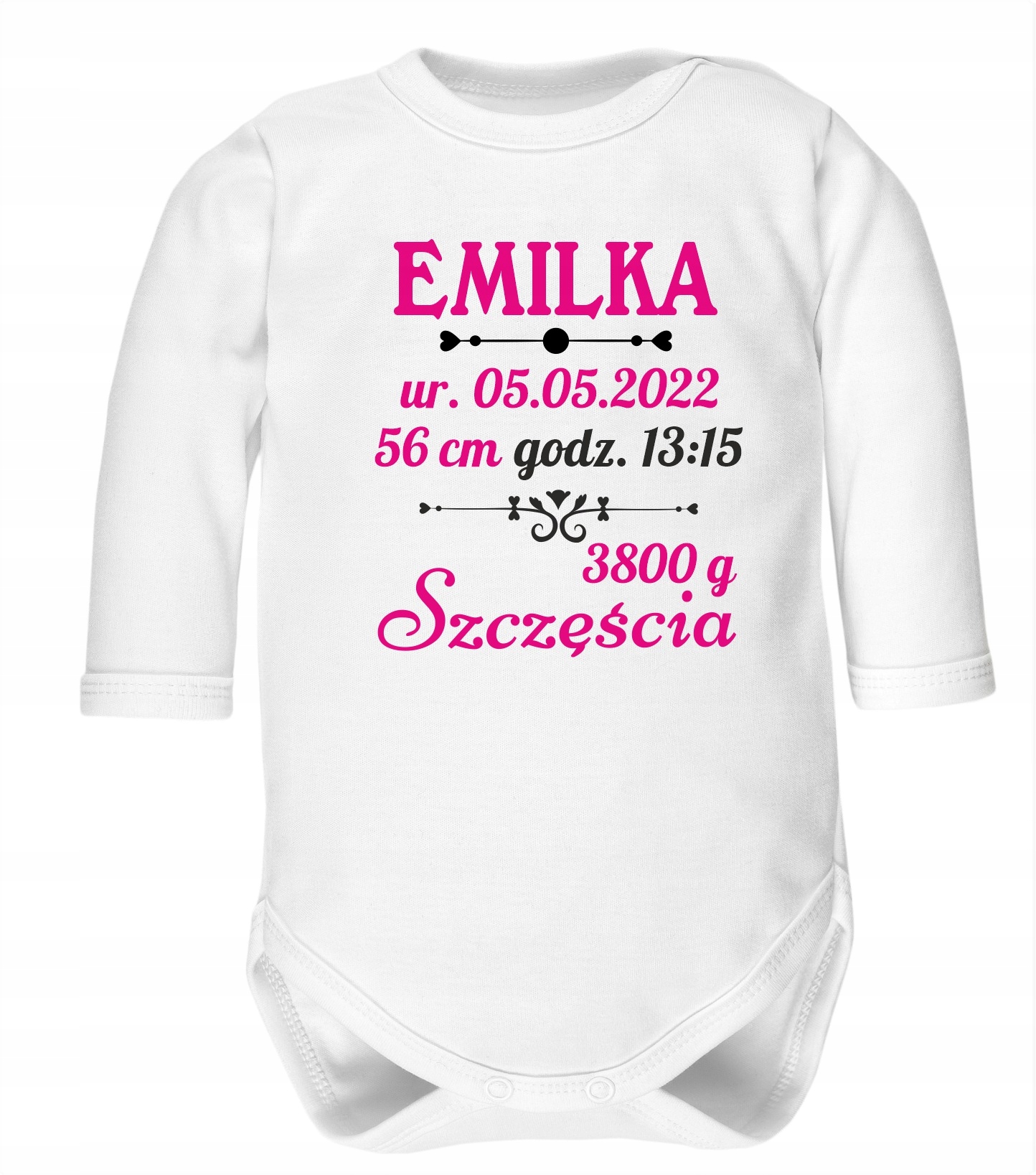 

Body metryczka z imieniem i datą urodzin dziecka