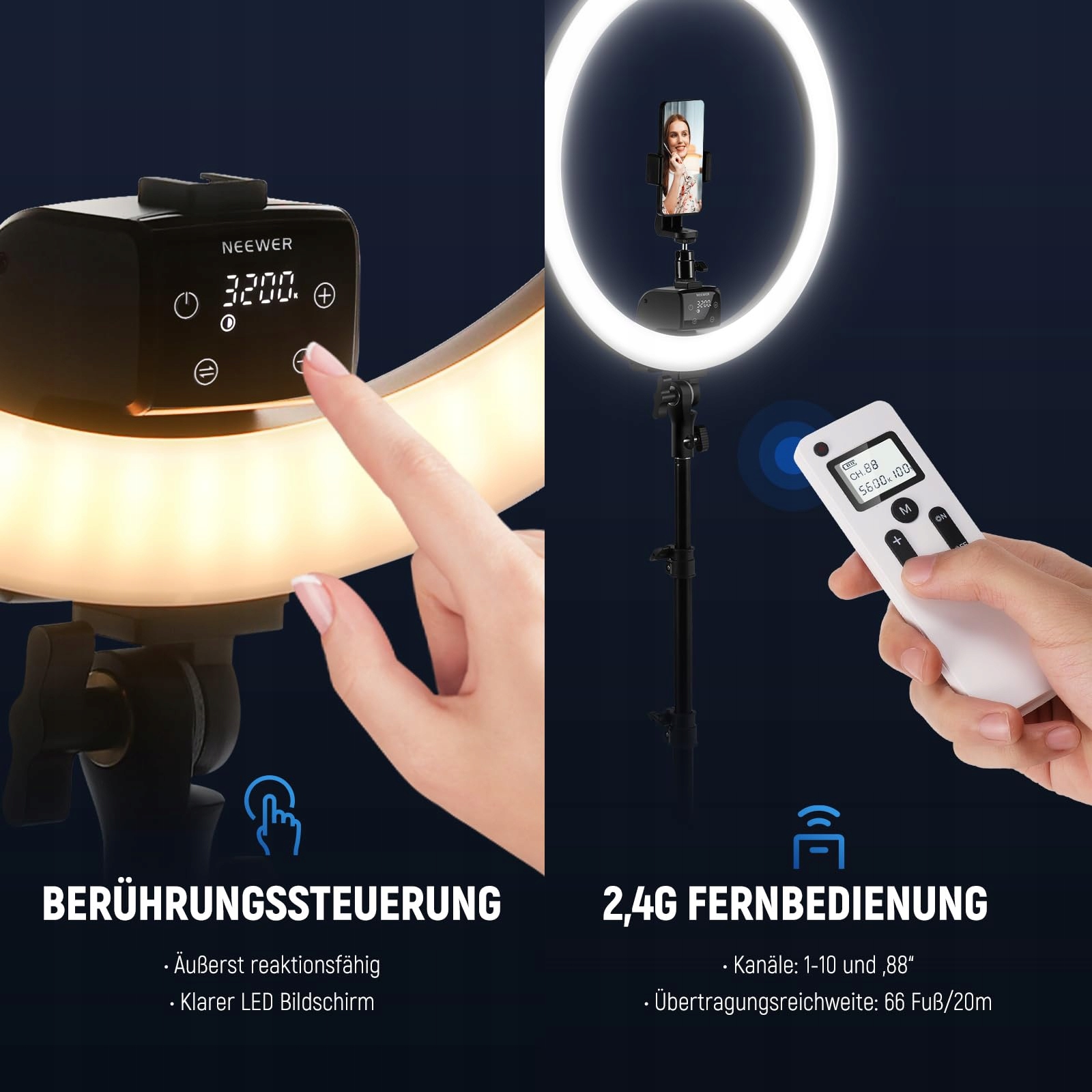 NEEWER Lampa Pierścieniowa LED 18 Calowa Z Telefonem i Stojakiem — miniatura 4
