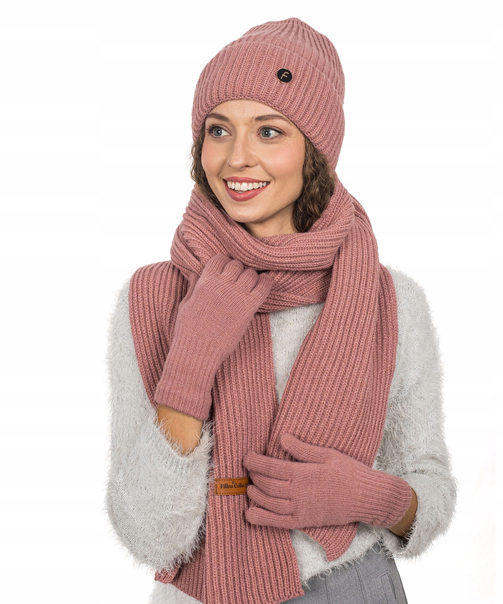Starorůžová komplet Čepice Dlouhý šátek Rukavice 3v1 Teplý zimní stylový