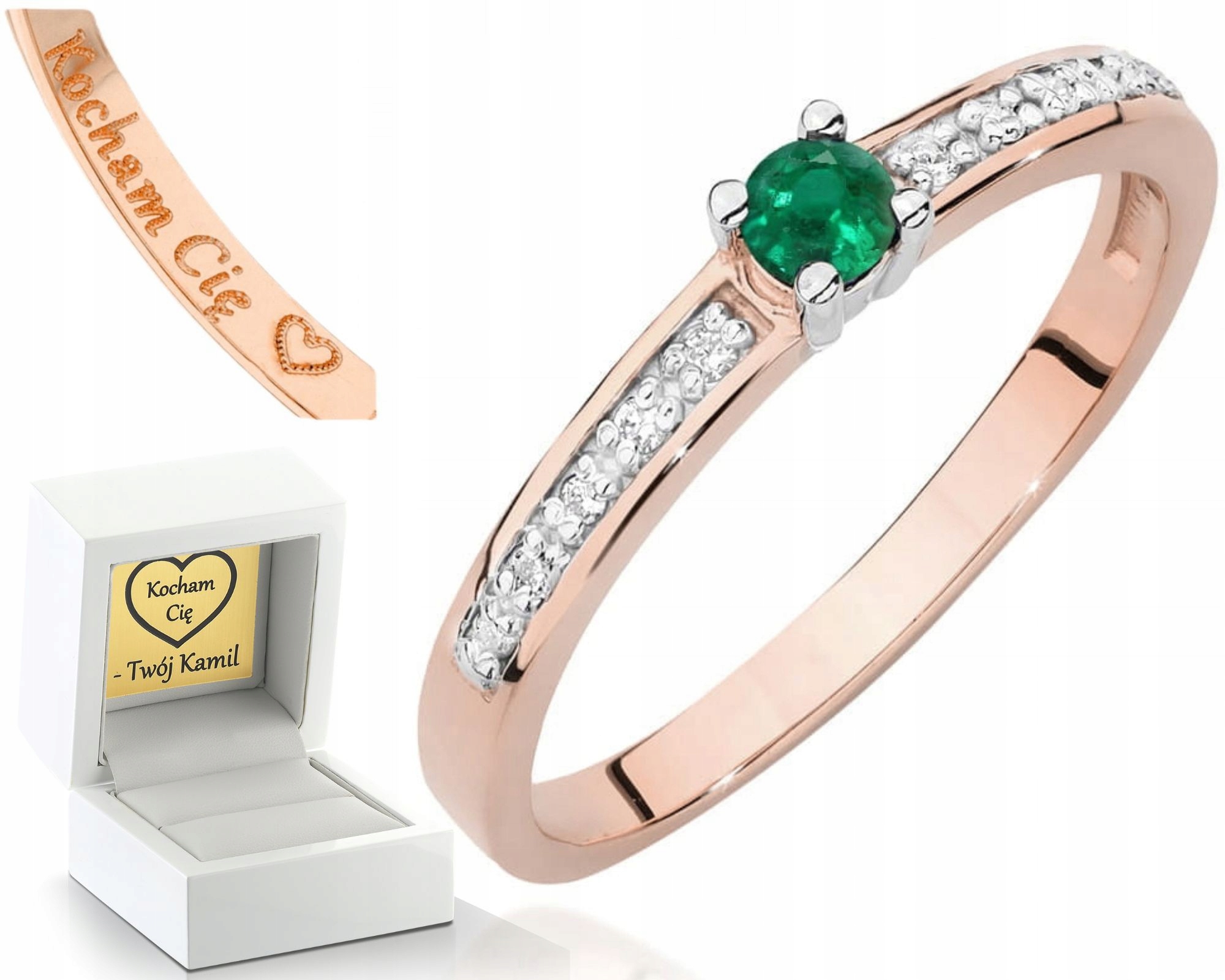 Smaragd Zlatý Prstýnek Gravírování Diamanty S Gravírou 585