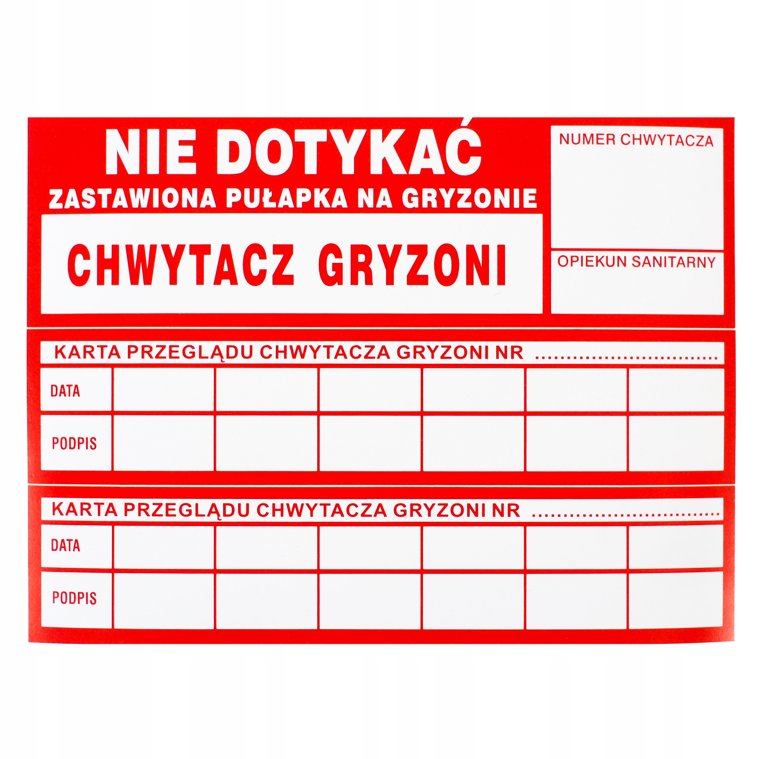 

Naklejka ostrzegawcza Chwytacz na gryzonie tabela