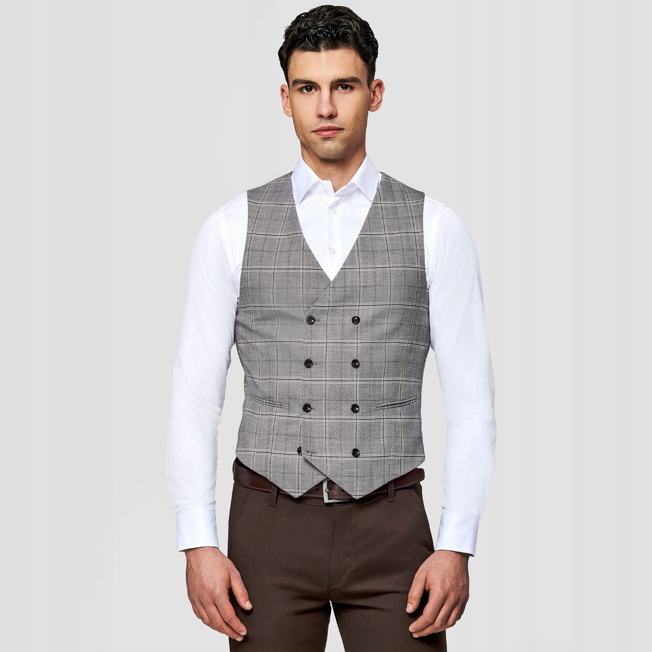 Dvouřadá šedá pánská vesta s kostkovaným vzorem Pako Lorente vel