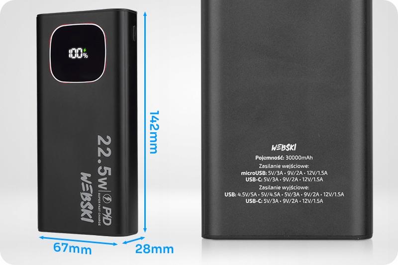 POWERBANK 30000 22.5W USB C ŁADOWARKA + KABEL 3w1 Pojemność 30000 mAh