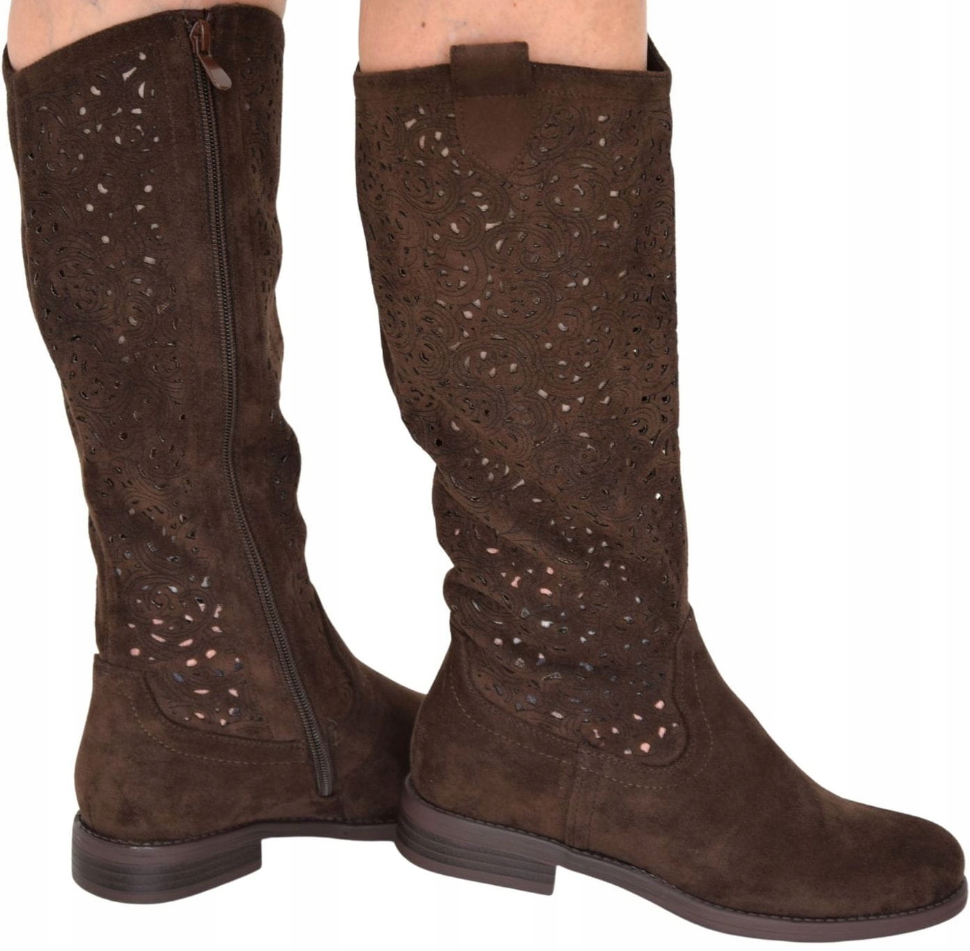 Dámské módní ažurové čokoládové kozačky pod kolena S.barski HY61-8023 VEL.41