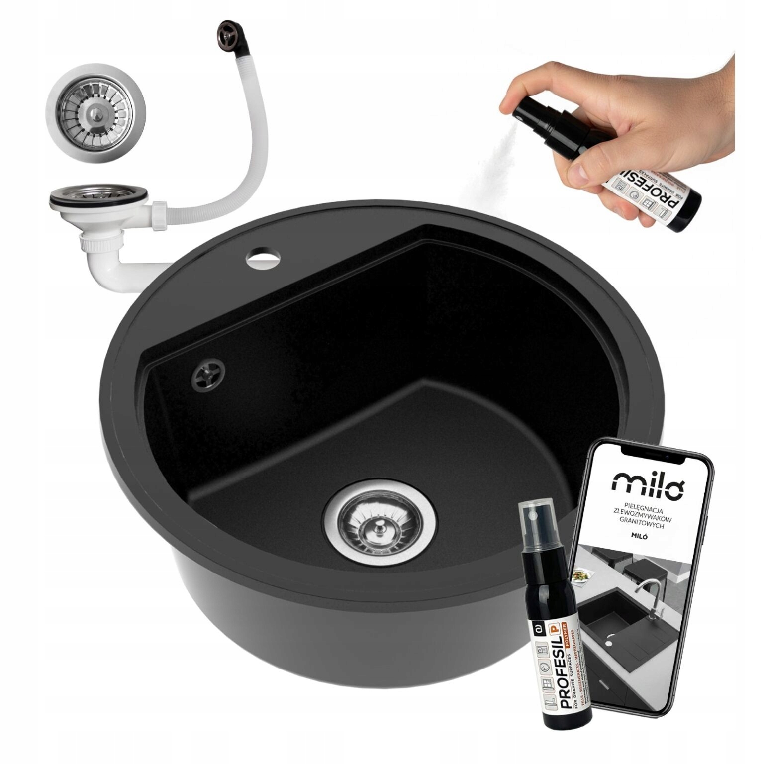 Granitový Drez Jednokomorový Okrúhly Oval Sifónový Set