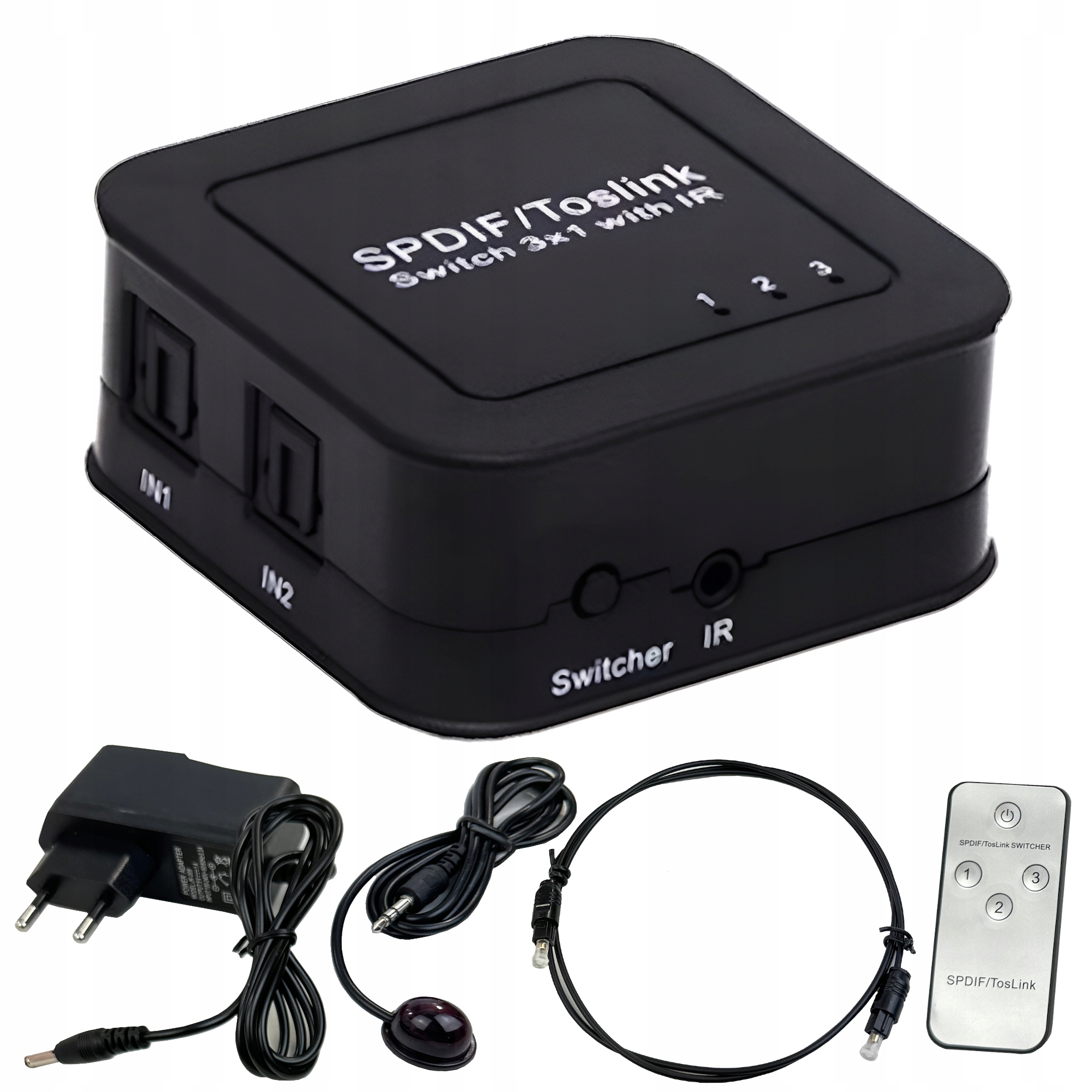 TOSLINK switch 3x1 SPDIF kabel optyczny przełącznik pilot IR rozdzielacz
