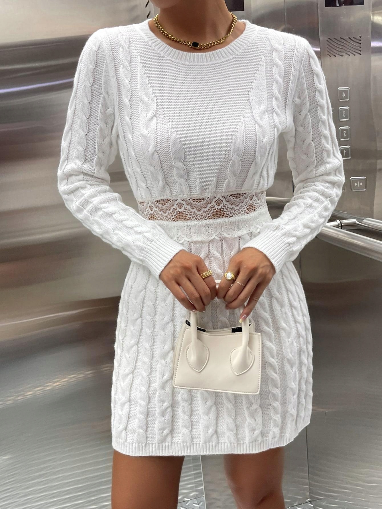 SHEIN SWETERKOWA SUKIENKA WARKOCZOWY SPLOT KORONKA DŁUGI RĘKAW S Fason ołówkowa