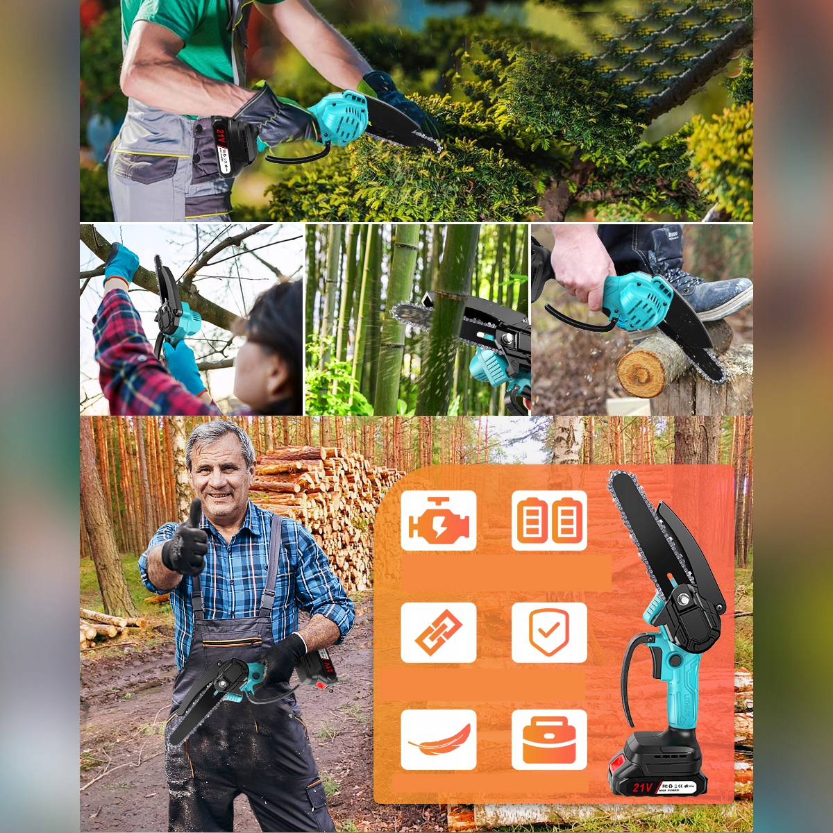 PIŁA łańcuchowa AKUMULATOROWA 6" pilarka BEZSZCZOTKOWA Smarowanie łańcucha Napięcie akumulatora 21 V