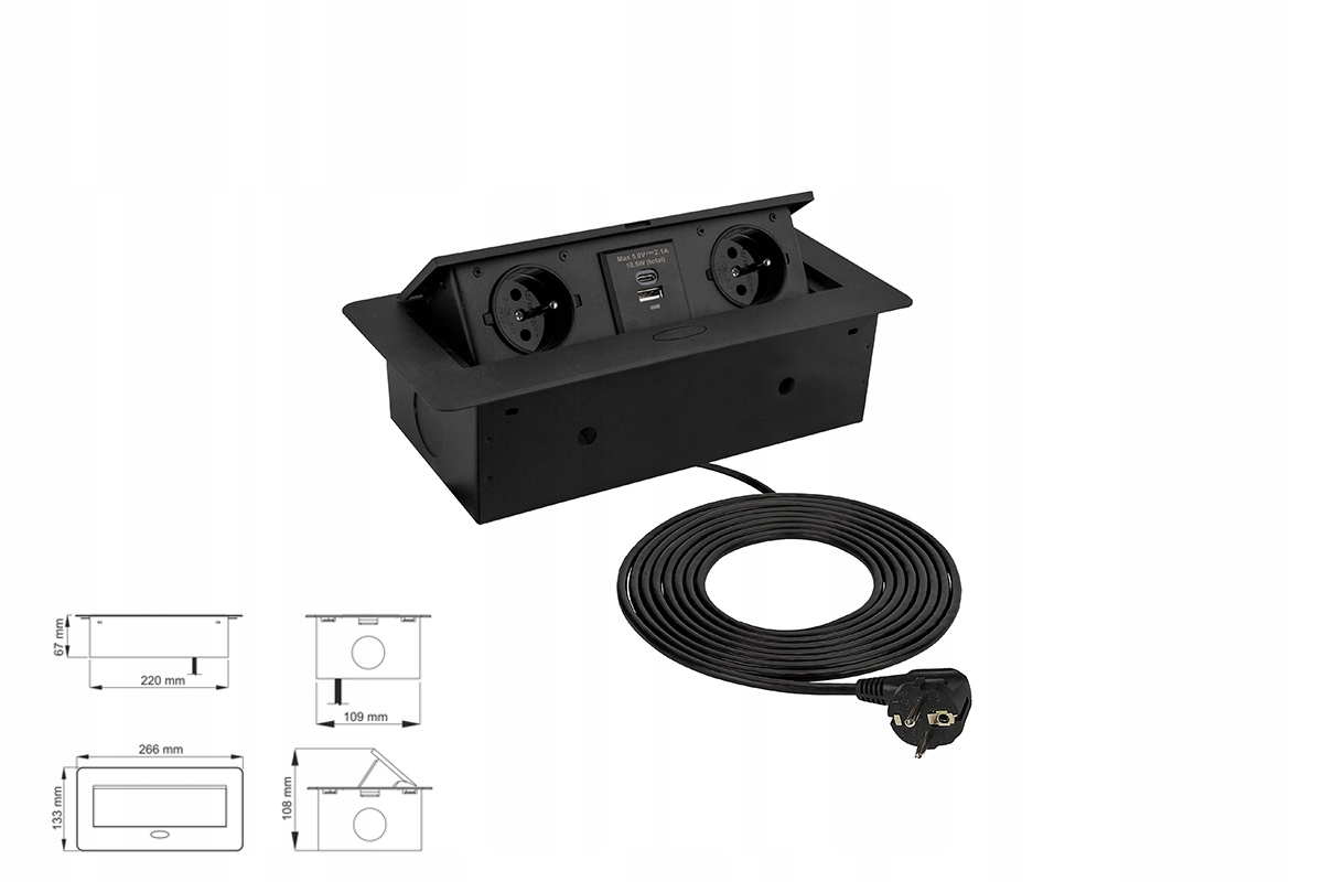 Černá zapuštěná kancelářská zásuvka, 2x230 V, Usb A+c