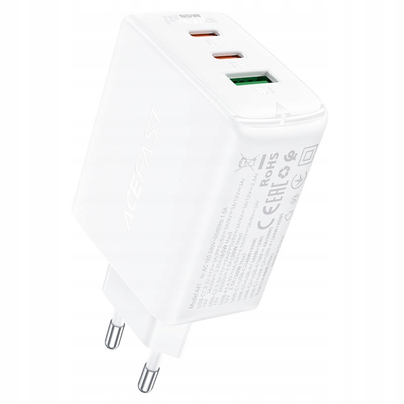 Rychlá síťová nabíječka GaN 2x Usb-c Usb-a Pps Pd QC4+ 65W bílá