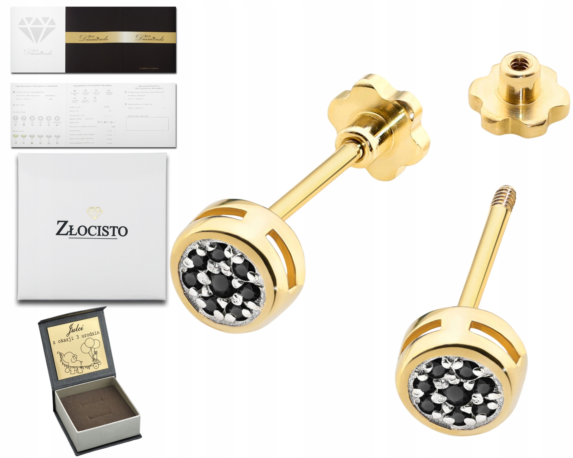 Zlaté Náušnice S Černým Diamantem, Šroubovacím Pízem Gravírování Dárek Zlata 585