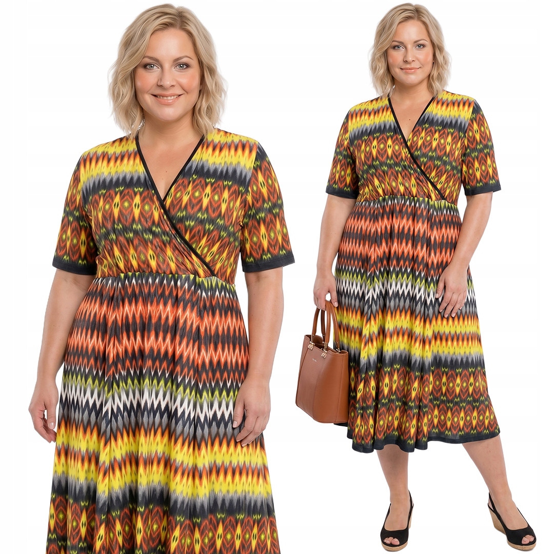 Šaty žluto-oranžové vzory plus size velikost 64