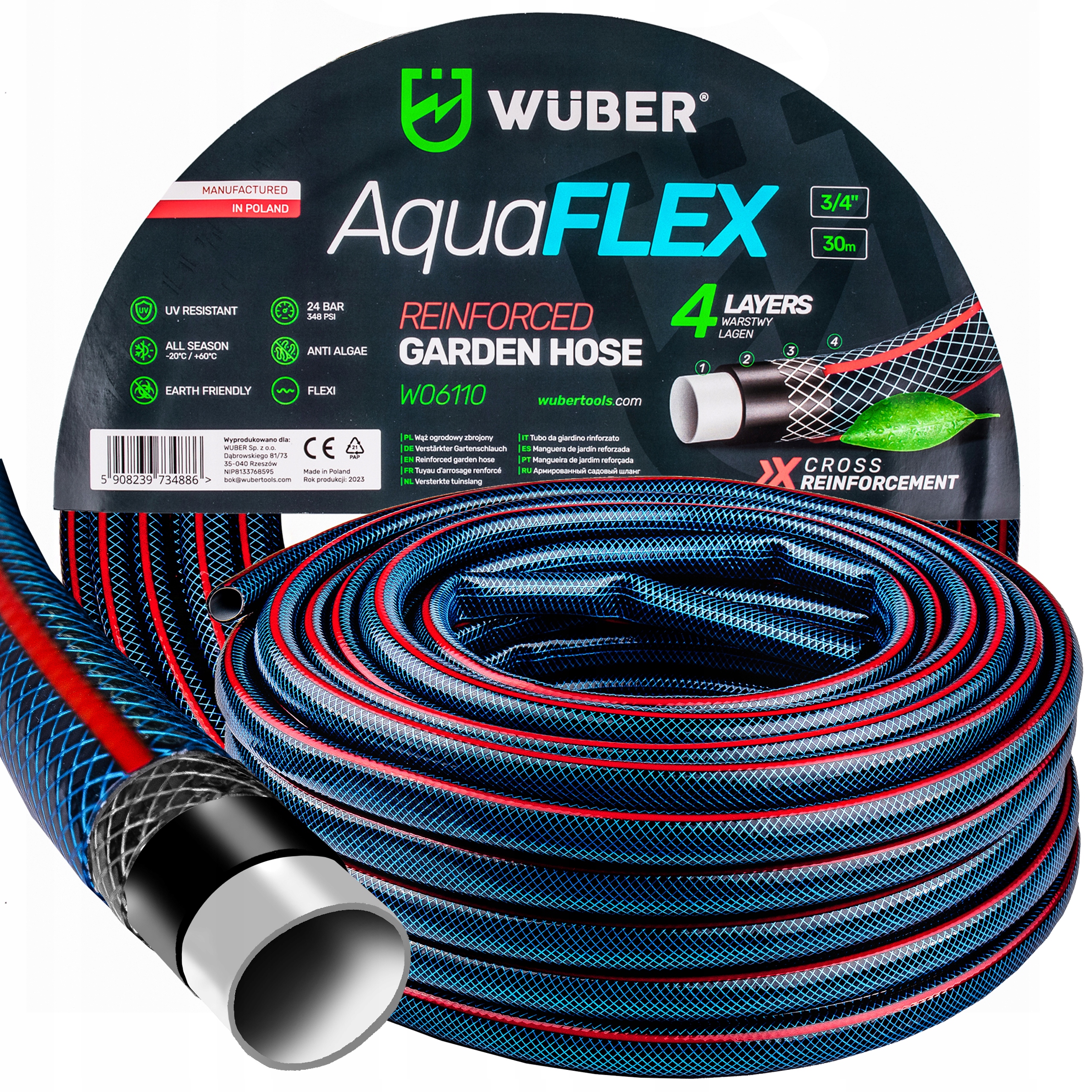 Wąż Ogrodowy Zbrojony 4 Warstwy Mocny Wytrzymały 3/4" 30M Wuber