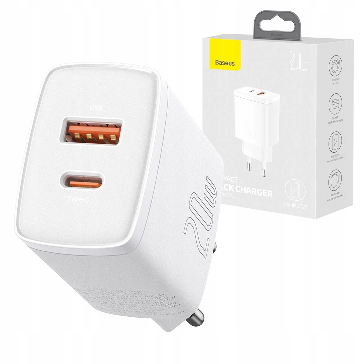 BASEUS SZYBKA ŁADOWARKA SIECIOWA USB/USB-C 20W UNIWERSALNA 3A DO TELEFONU