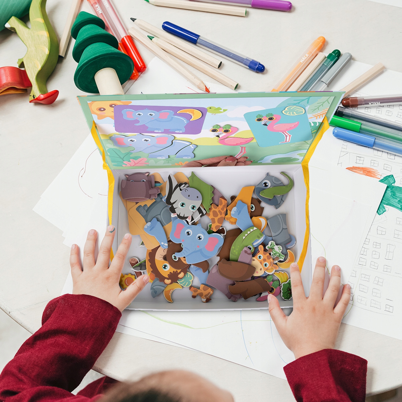 UKŁADANKA MAGNETYCZNA KLOCKI MAGNETYCZNE PUZZLE ZWIERZĘTA MONTESSORI Kolor dominujący wielokolorowy