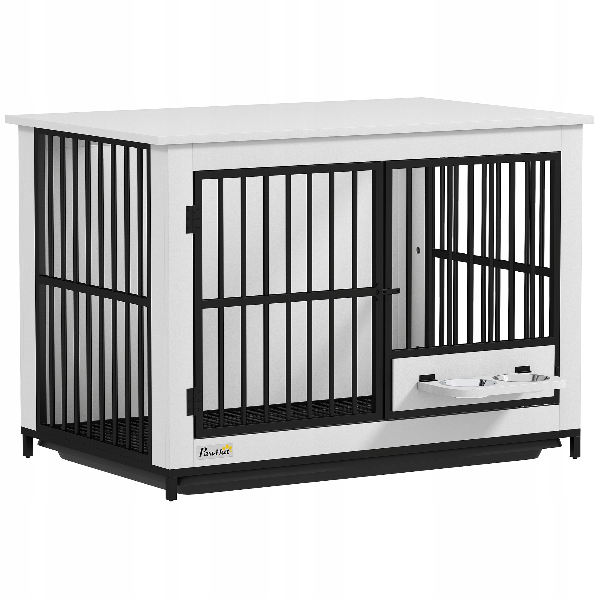 Levně Kennelová klec pro psa do domácnosti, 2 dveře, Misky, otočná, bílá