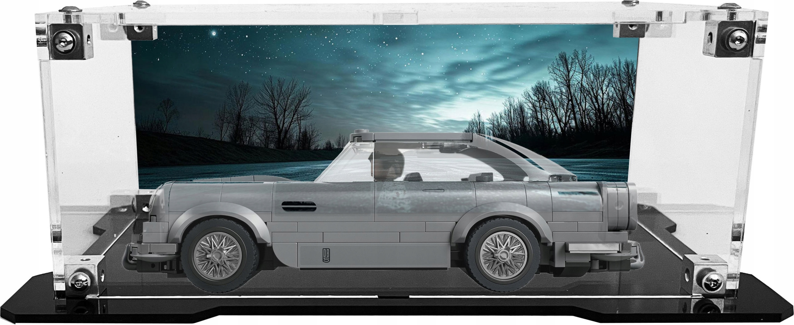 Vitrína s černou základnou a pozadím pro sadu Lego 76911 Aston Martin DB5