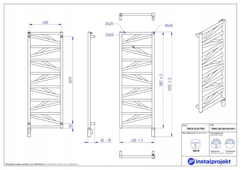 INSTAL PROJEKT TRICK grzejnik elektryczny 43x120cm Marka Instal Projekt