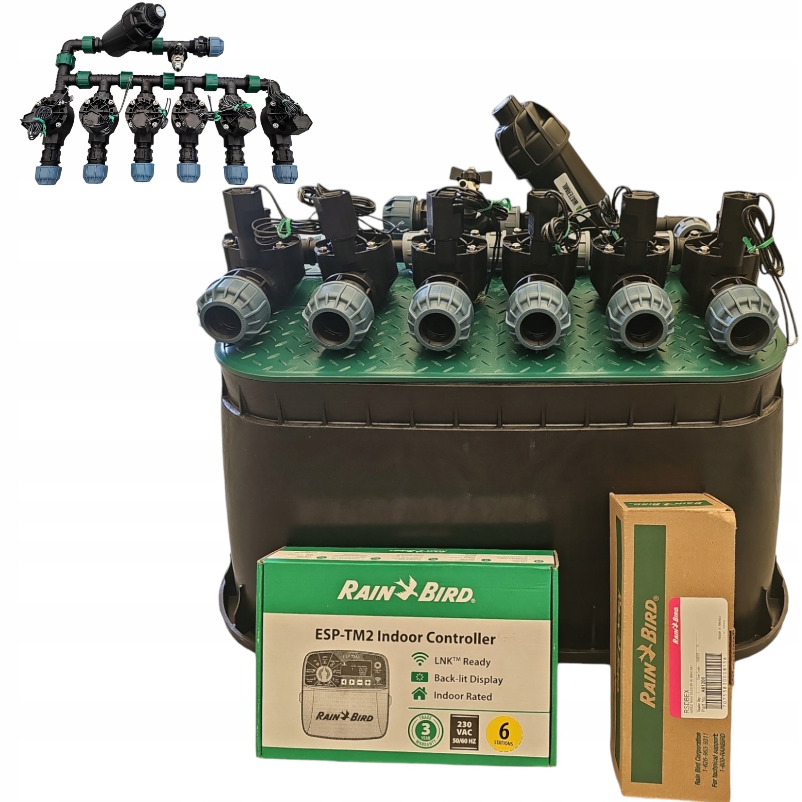 Zestaw Rain Bird 6 sekcji z filtrem Sterownik TM2 Czujnik deszczu Pe 32